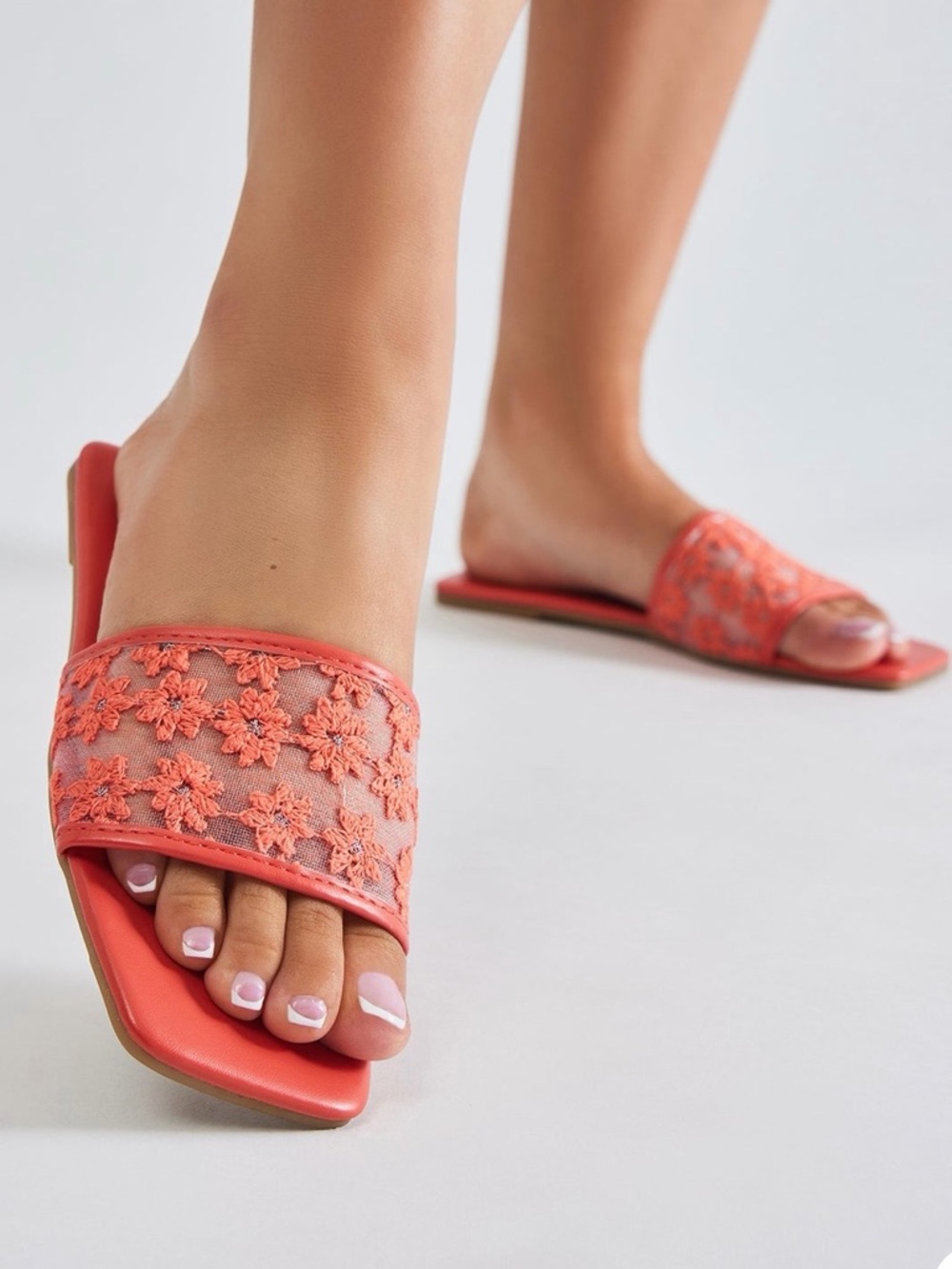 Coral Floral Lace Slide Sandals